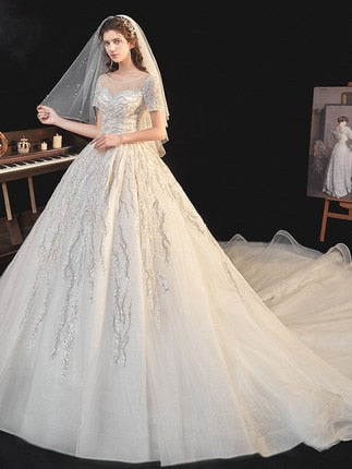 Bridal Dress Sweep Train Back Lace Up Sequins Elegant Wedding Dress