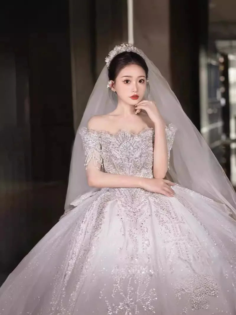 Boat Neck Handmade Beading Exquisite Off The Shoulder Princess Ball Gowns