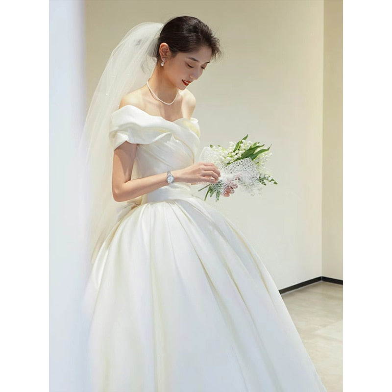 Spring Off The Shoulder Wedding Dress Simple Satin Sweep Train Bridal Gown