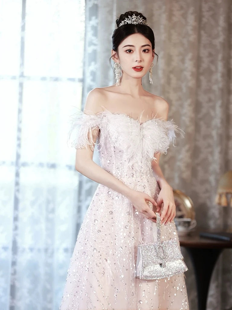 Pink Evening Dresses Off the Shoulder Lace-up Sequins Floor-Length A-line Sleeveless