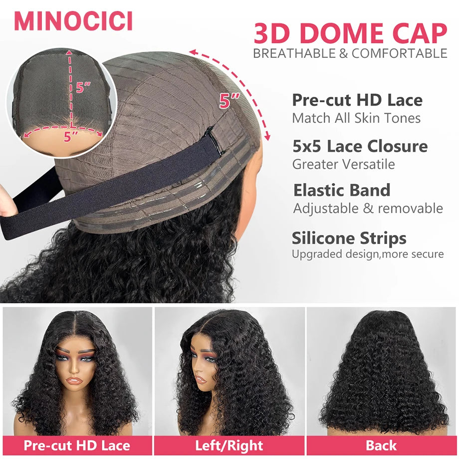 Glueless Curly Human Hair Pre Plucked Pre Cut BOB Wig 5x5 Deep Wave Wig