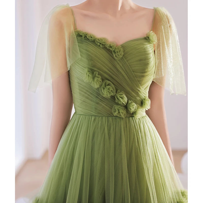 High End Green Women Evening Dresses Tulle Court Train Prom Party A Line Gowns