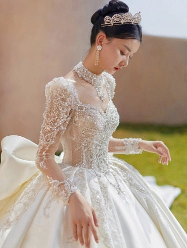 Luxury Bride Dress Pearl Satin Backless Strap With Large Bow Floor-length And Trailing