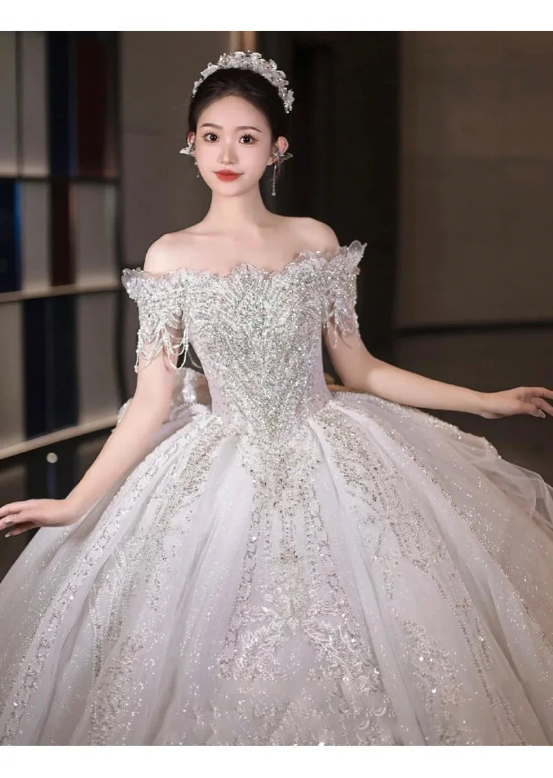 Boat Neck Handmade Beading Exquisite Off The Shoulder Princess Ball Gowns