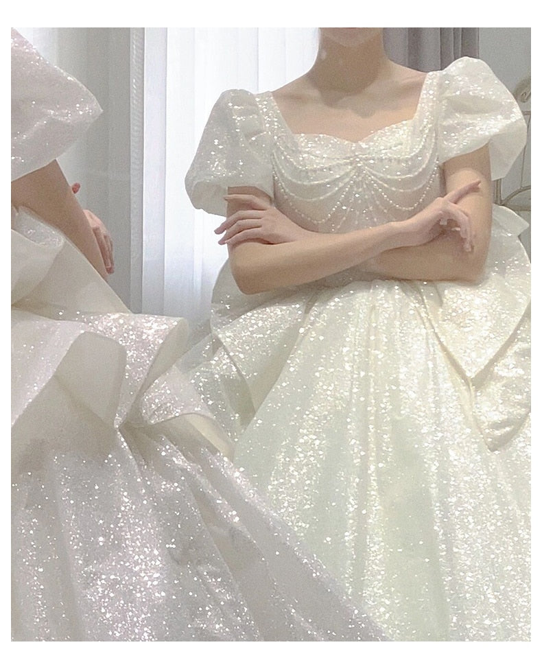 Sweetheart Beading Pearls Puff Sleeve Big Butterfly Back Lace Up Wedding Gowns
