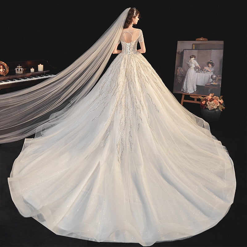 Bridal Dress Sweep Train Back Lace Up Sequins Elegant Wedding Dress