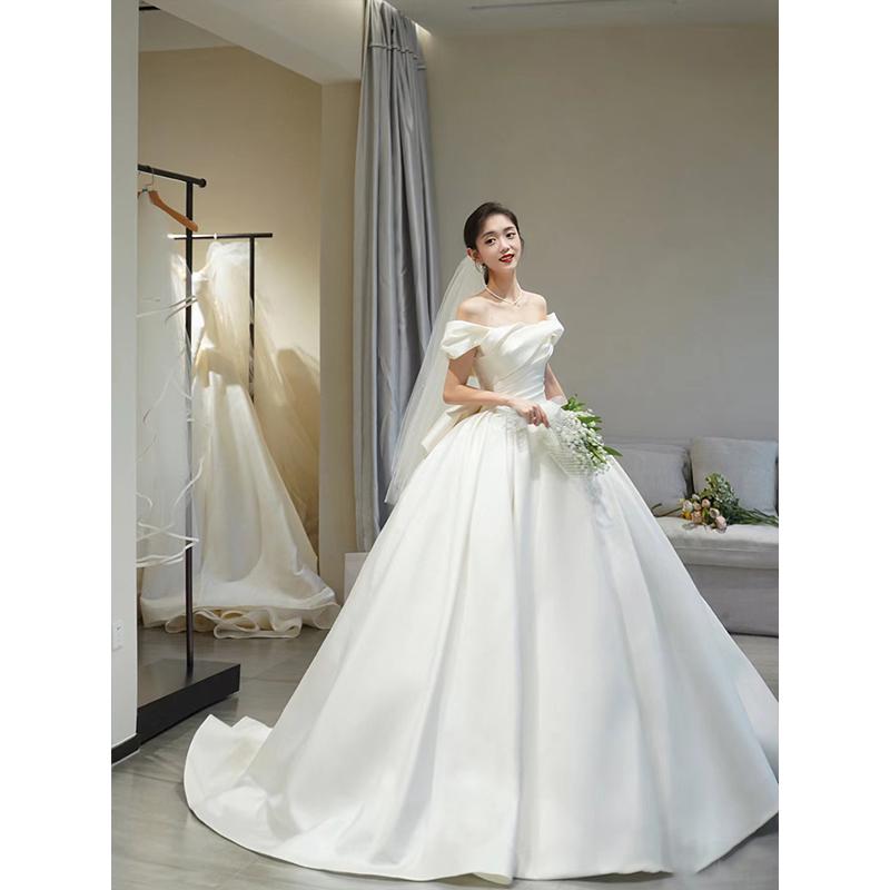 Spring Off The Shoulder Wedding Dress Simple Satin Sweep Train Bridal Gown
