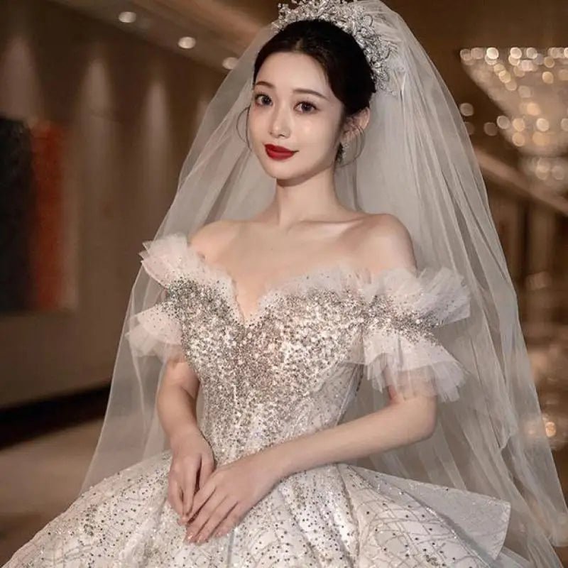 Off The Shoulder Luxury Wedding Dress Lace Embroidery Princess Ball Gown Elegent Sequin Bridal Dress Long Train