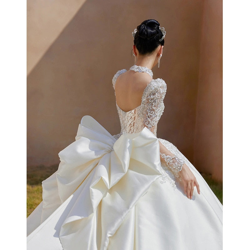 Luxury Bride Dress Pearl Satin Backless Strap With Large Bow Floor-length And Trailing