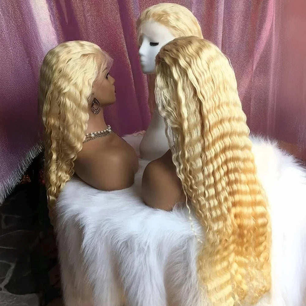 220% Curly 613 Honey Blonde 13x6 HD Brazilian Transparent 13x4 Lace Frontal Deep Wave Wig For Women