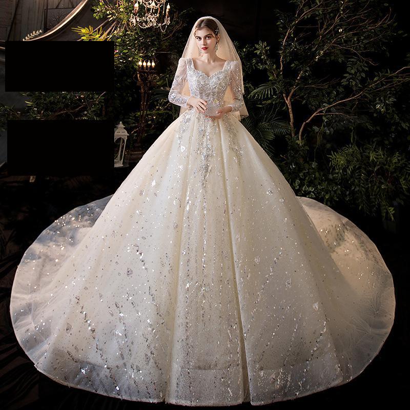 Luxury Long Sleeve Boat-neck Sweep Train Lace Up Gown