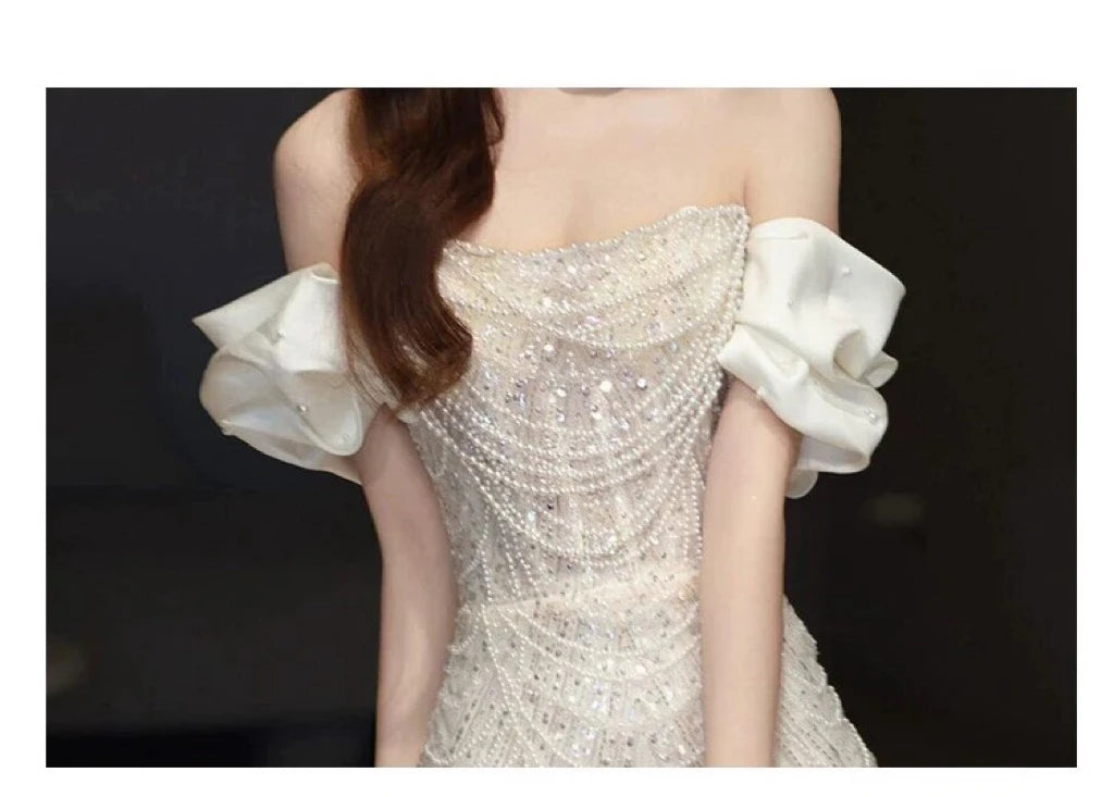 White Shiny Beading Evening Dresses Gorgeous Mermaid Host Light