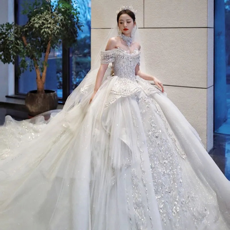 Luxury Wedding Dresses Witn Train Classic Boat Neck Wedding Ball Gown