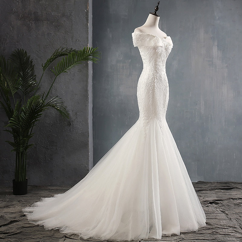 Elegant Sexy Mermaid Off The Should Lace Applique Bride Dress Custom