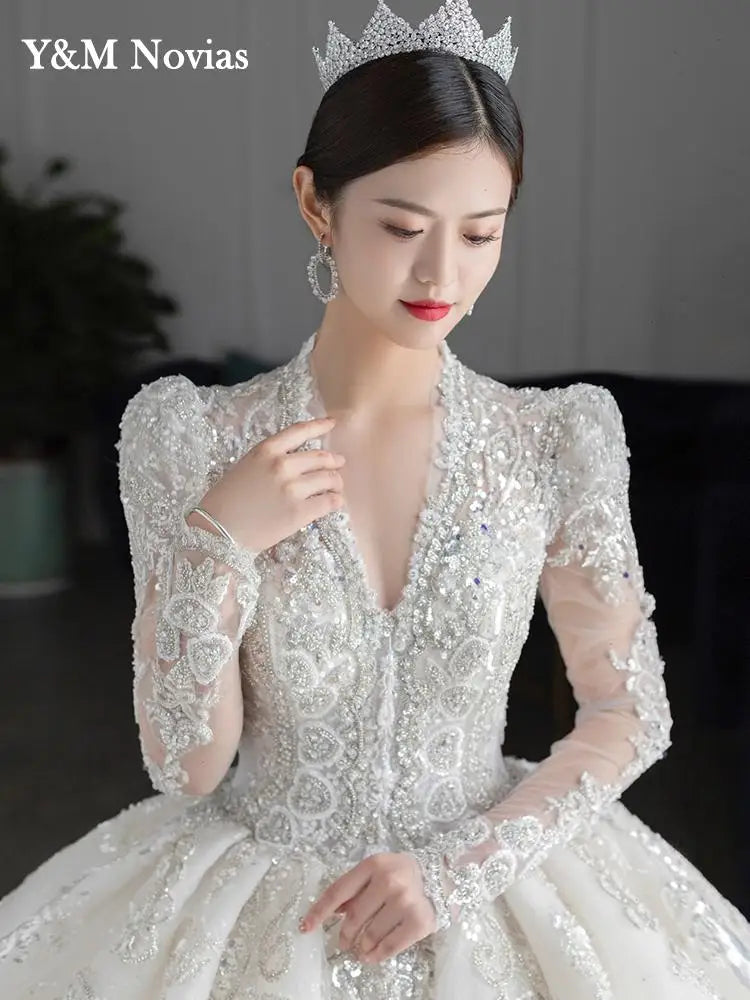 Luxury Bedading Long Sleeve Winter Wedding Dress V Neck