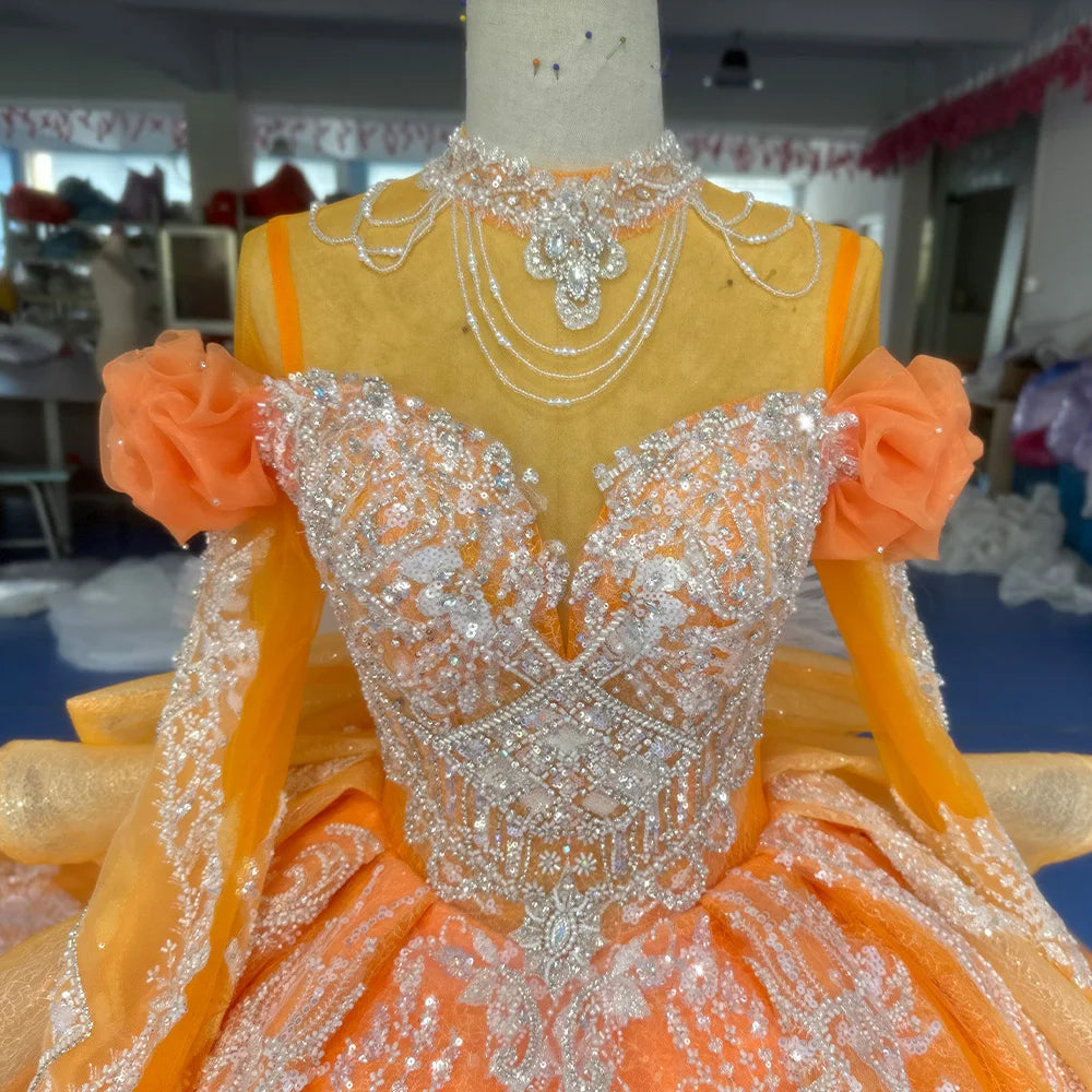 Beading Princess Orange Ball Gown High Neck Full Sleeve Church Wedding Lace Up