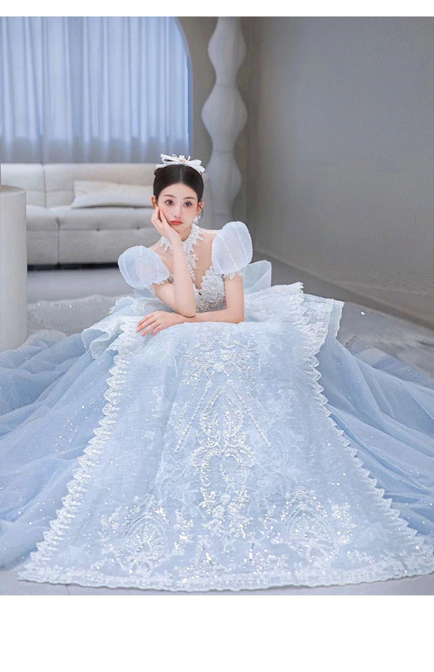 Snow Blue Princess Luxury Wedding Dress 2023 New O-neck Sexy Lace Up Applique Bridal Ball Gown Sweep
