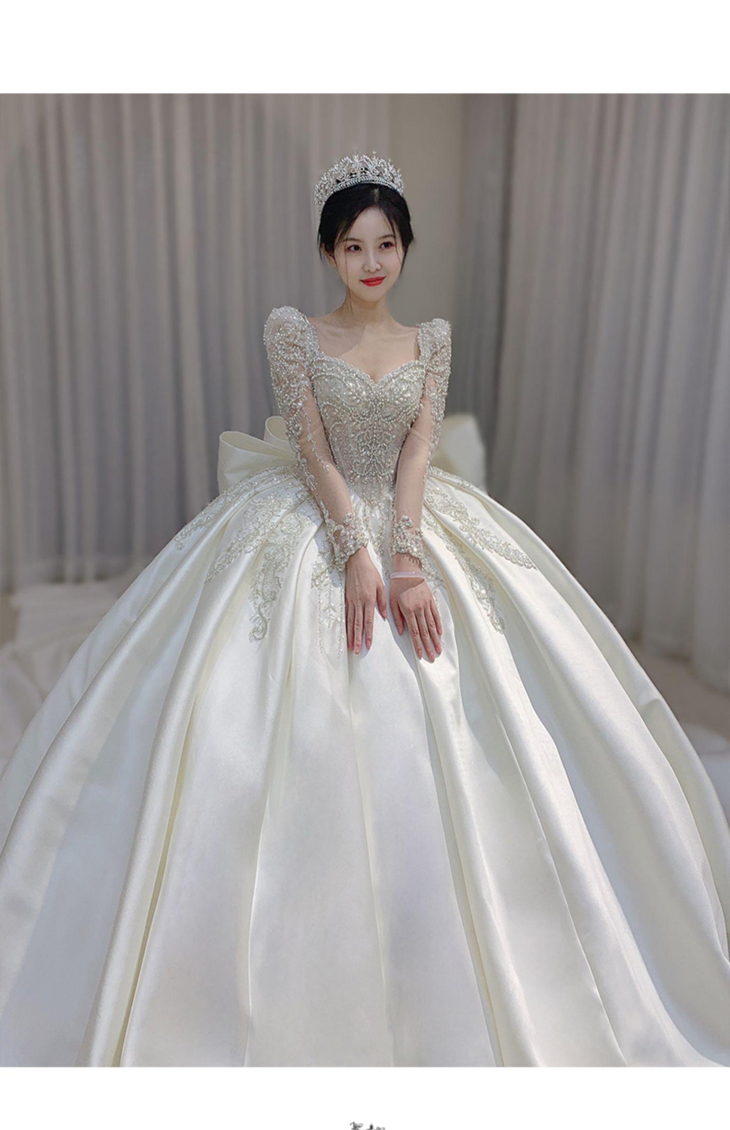 Long Sleeve Wedding Trailing Satin Lace Embroidery Bridal Dresses