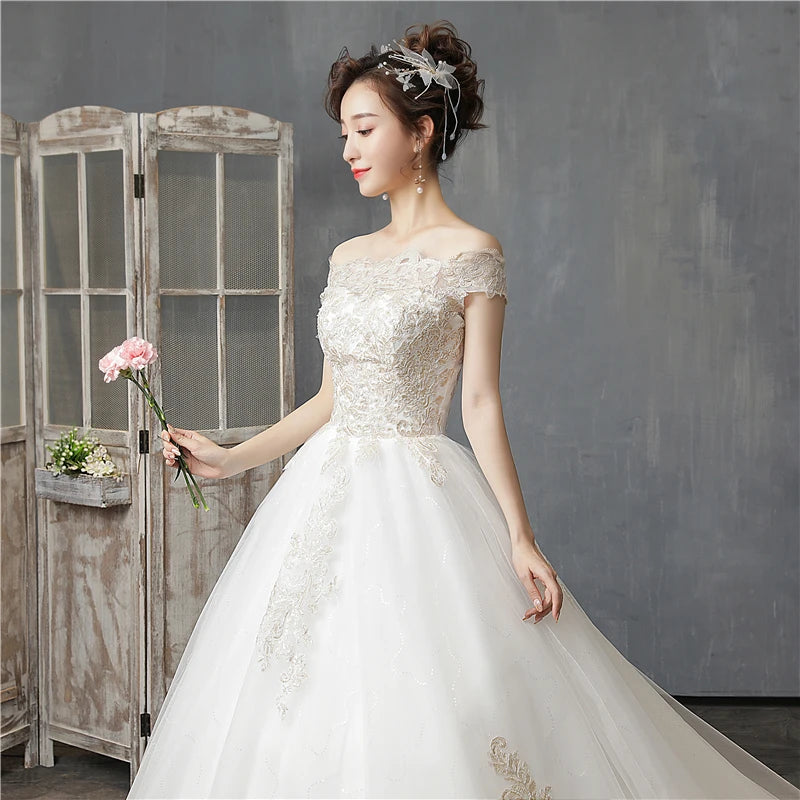 Simple Wedding Dress Off Shoulder Short Sleeve Floor or Train Wedding Gown Lace Applique Plus Size