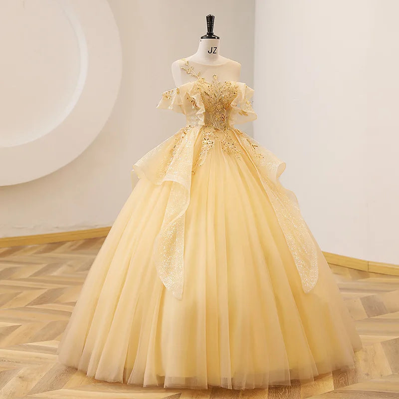 Strapless Quinceanera Dress Sleeveless Off The Shoulder Lace Floral Print Princess Ball Gown