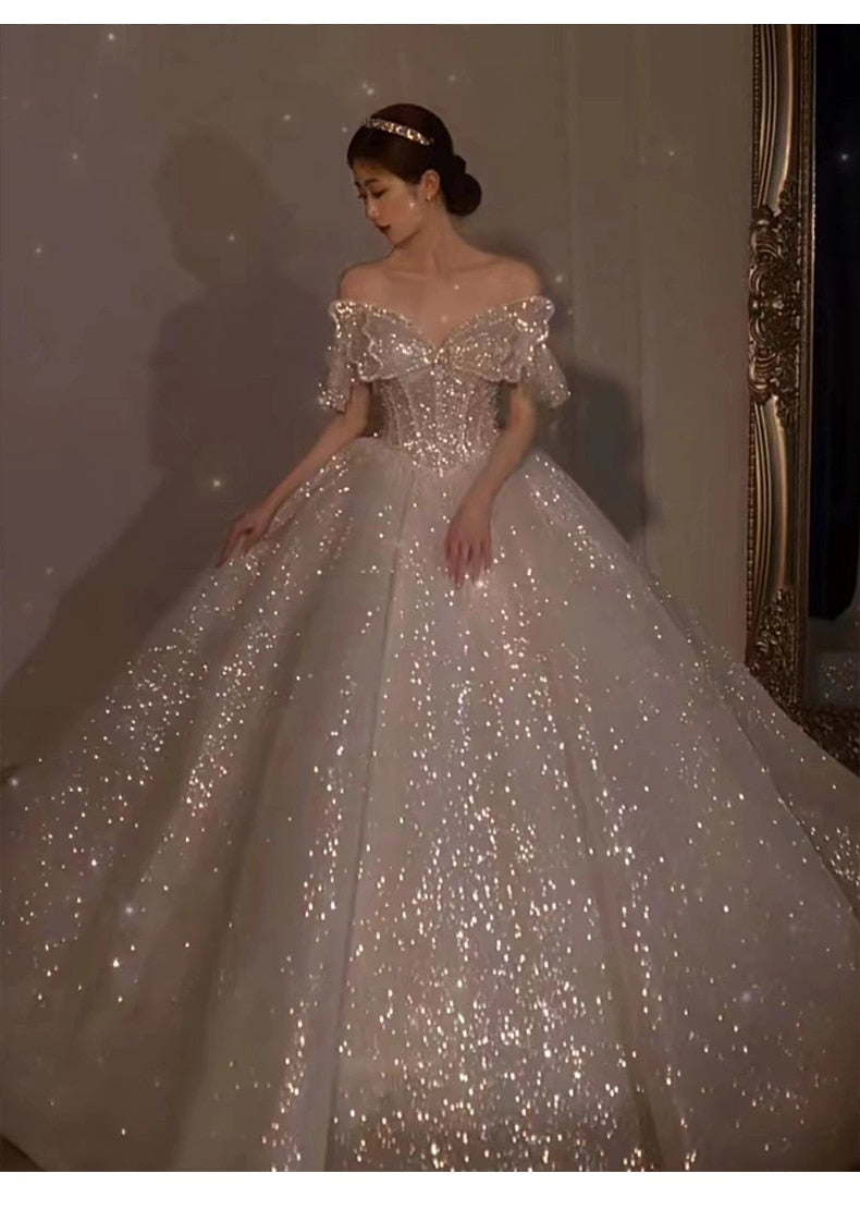Strapless Wedding Dress Off The Shoulder With Bow Glittery Lace