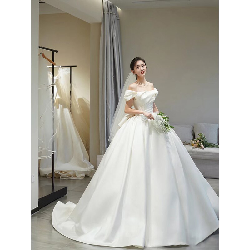 Spring Off The Shoulder Wedding Dress Simple Satin Sweep Train Bridal Gown