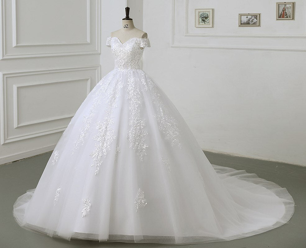 Luxury Applique Wedding Dress Off The Shoulder Lace Bridal Gown With Train Ball Gown