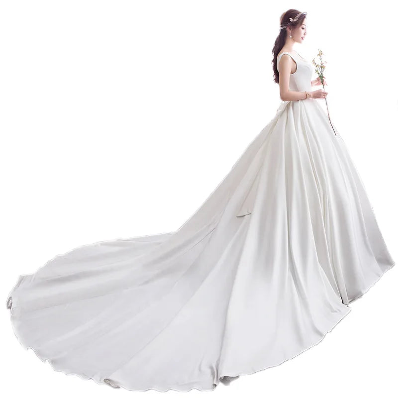 Vintage Square Collar Ball Gown Wedding Dresses Satin Simple Bride Dress With Bow Sleeveless