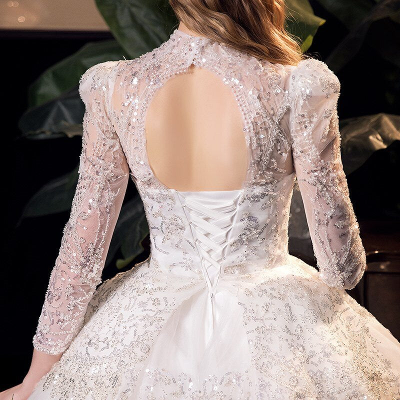 Luxury Long Sleeve Beading High Waist Wedding Gowns
