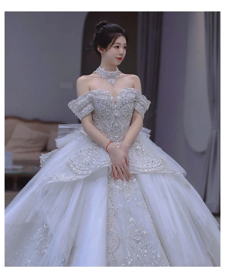 Off The Shoulder Handmade Appliques With Beading Princess Ball Gowns