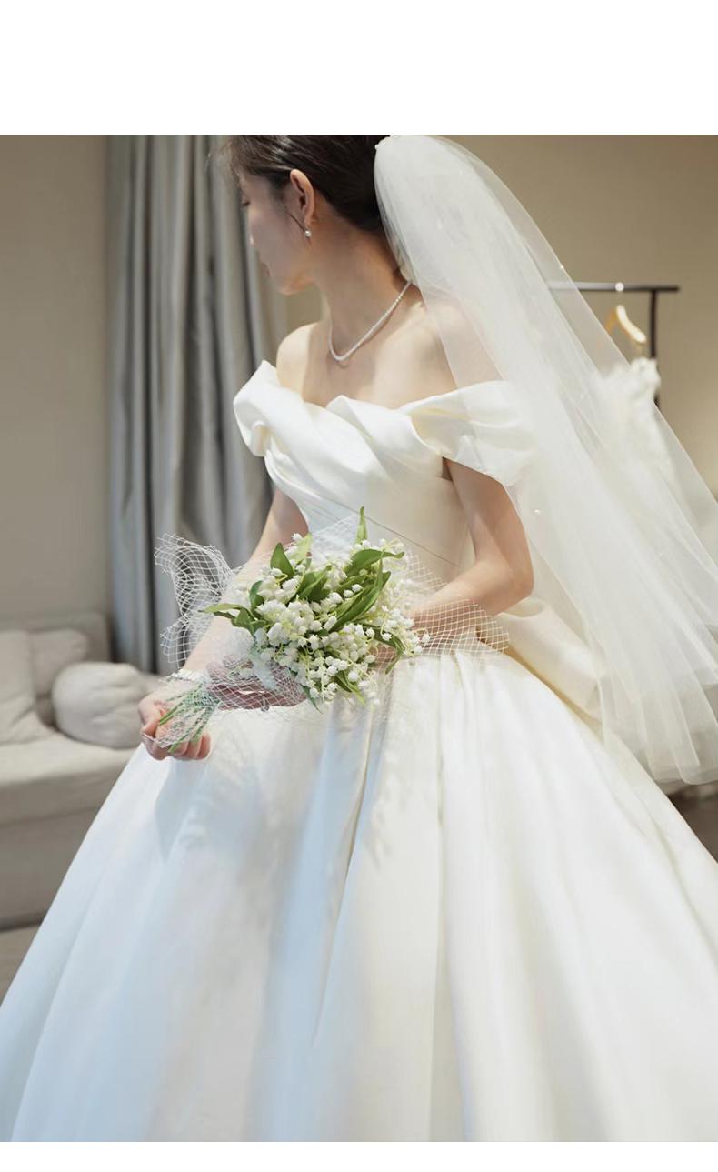 Spring Off The Shoulder Wedding Dress Simple Satin Sweep Train Bridal Gown