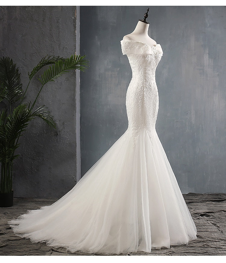 Elegant Sexy Mermaid Off The Should Lace Applique Bride Dress Custom