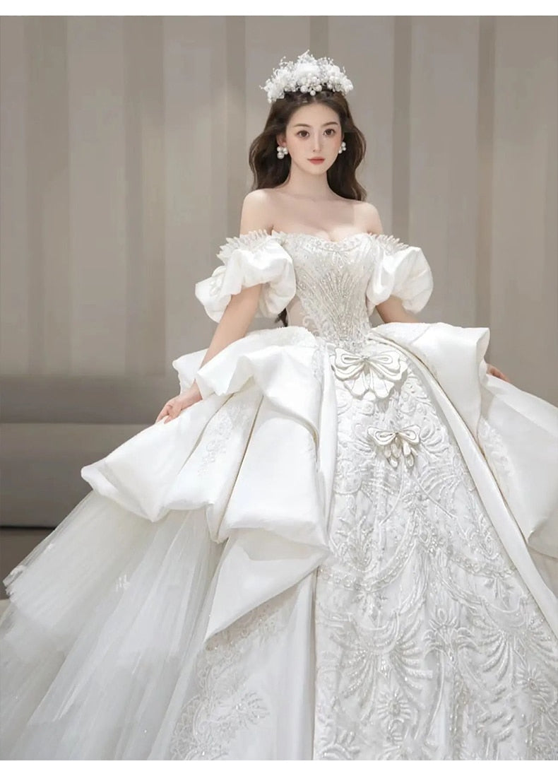 Boat Neck Satin Sweep Train Princess Wedding Gown Lace Embroidery