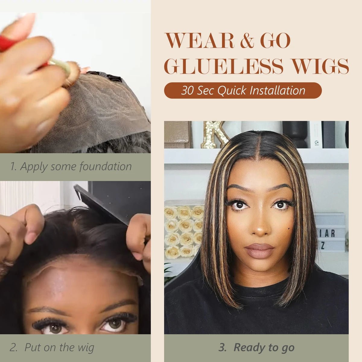 Wear and Go Glueless Bob Wigs Human Hair Pre Plucked Pre Cut P1b/27 10 IN 5x5 HD Lace Closure Wig Highlight 100% Human Hair Wigs