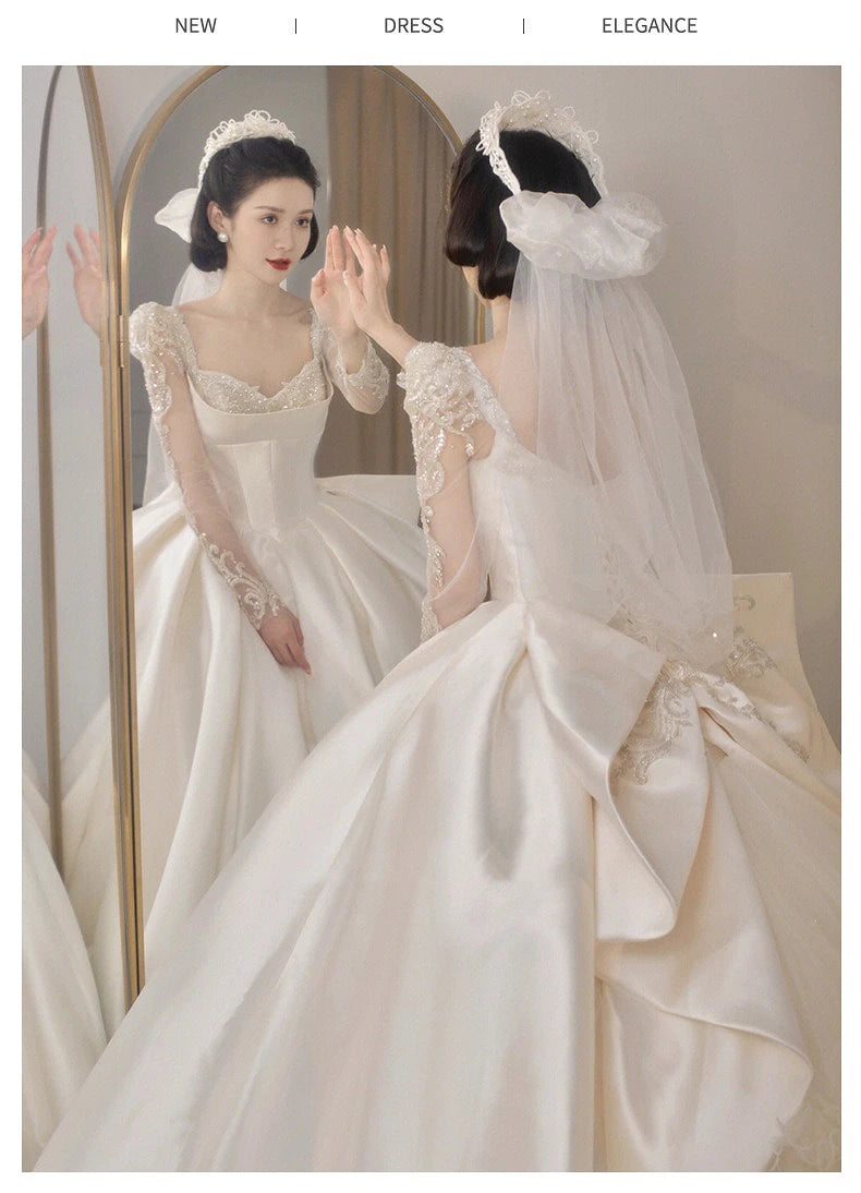 Satin O Neck Applique Sequined Beads Full Sleeve A Line Gowns
