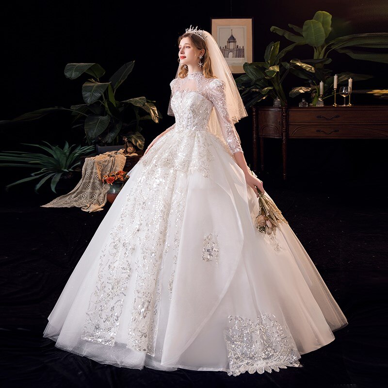 Luxury Long Sleeve Beading High Waist Wedding Gowns