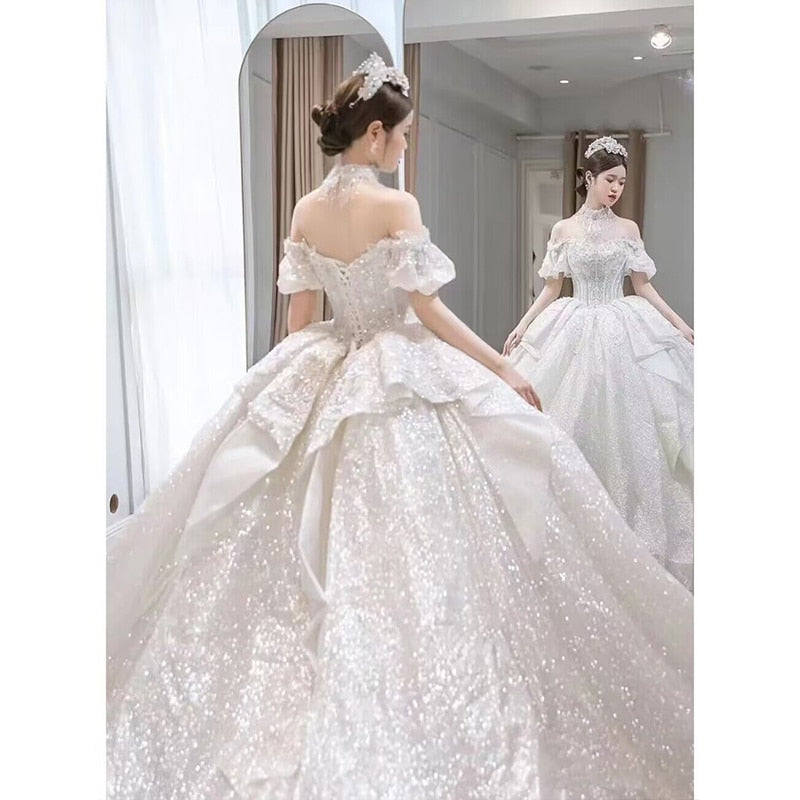 Bridal Dress Off The Shoulder Boat Neck With Bow Sequins Sweep Train
