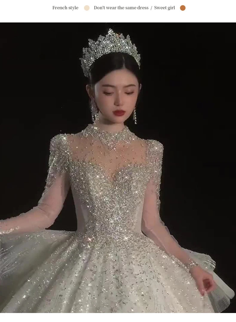 High End Long Sleeved Wedding Dress Bride Ball Gown Princess Exquisite Vintage