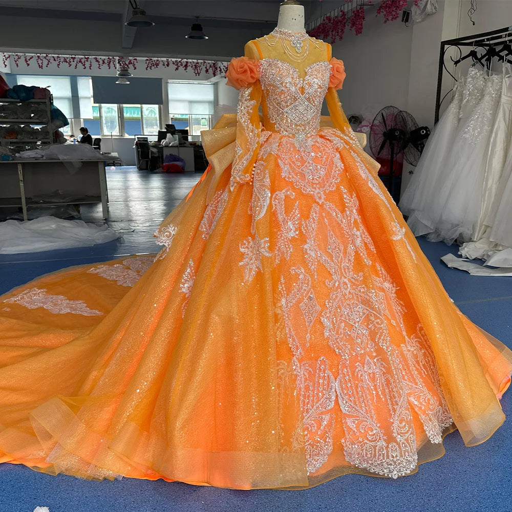Beading Princess Orange Ball Gown High Neck Full Sleeve Church Wedding Lace Up