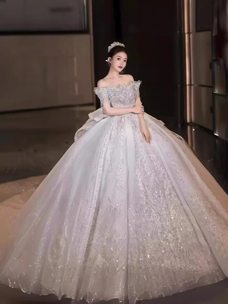 Boat Neck Handmade Beading Exquisite Off The Shoulder Princess Ball Gowns