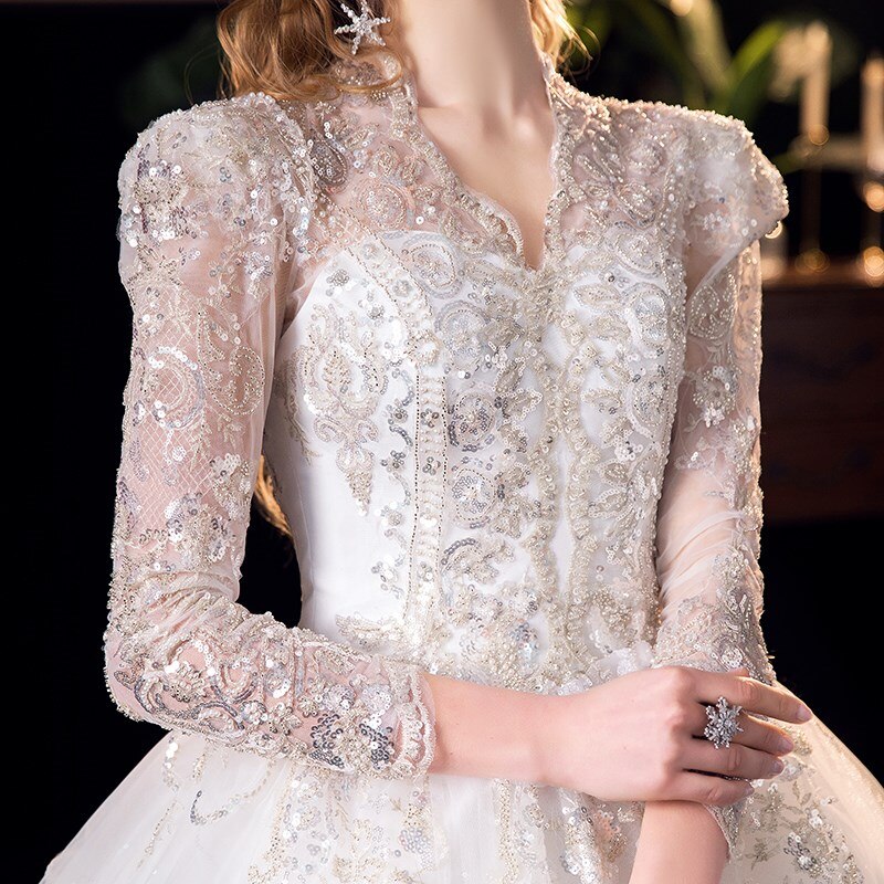 Luxury V Neck Long Sleeve Wedding Dress High Waist