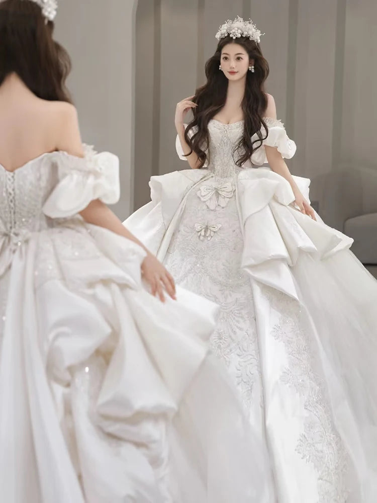 Off Shoulder Satin Gown Lace Embroidery