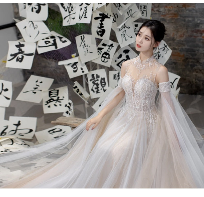 Wedding Dress French Style With Detachable Cap Luxury Embroidery Zipper With Buttones