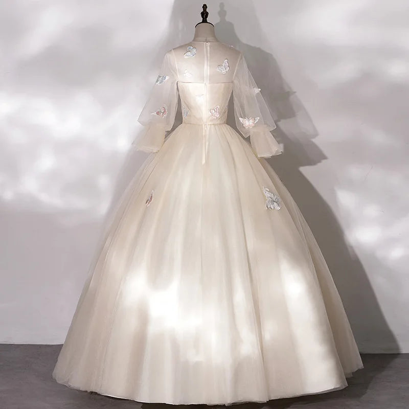 Champagne Tulle Appliques Prom Quinceanera Dresses