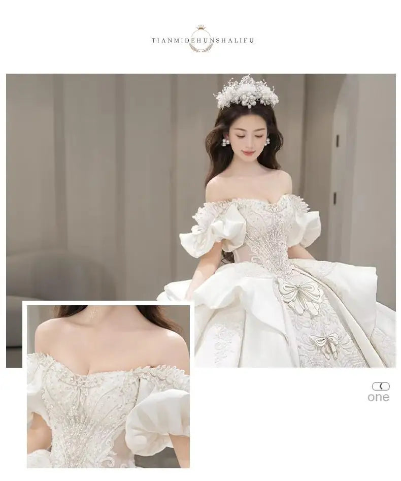 Off Shoulder Satin Gown Lace Embroidery