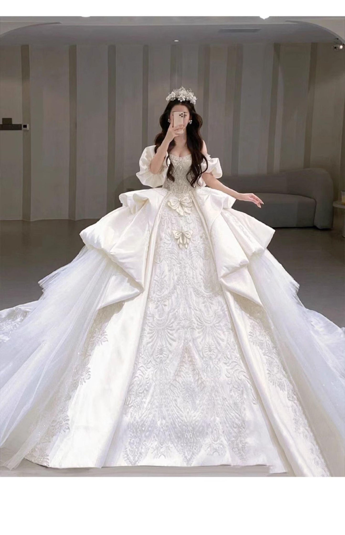 Boat Neck Satin Sweep Train Princess Wedding Gown Lace Embroidery