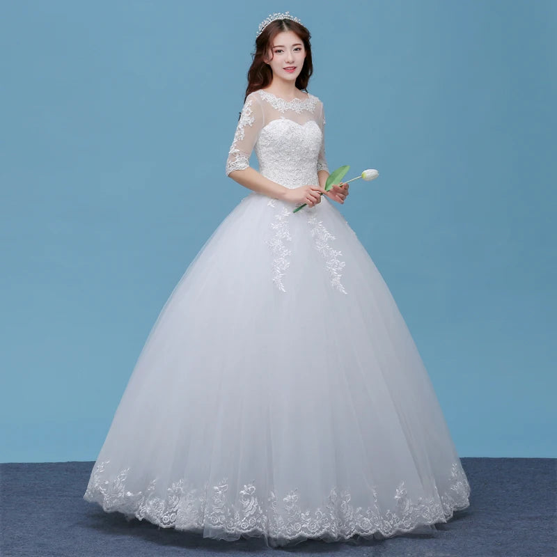 Lace A- Line O-neck Wedding Dresses Cheap Floor Length Ivory Bride Gowns Custom Made