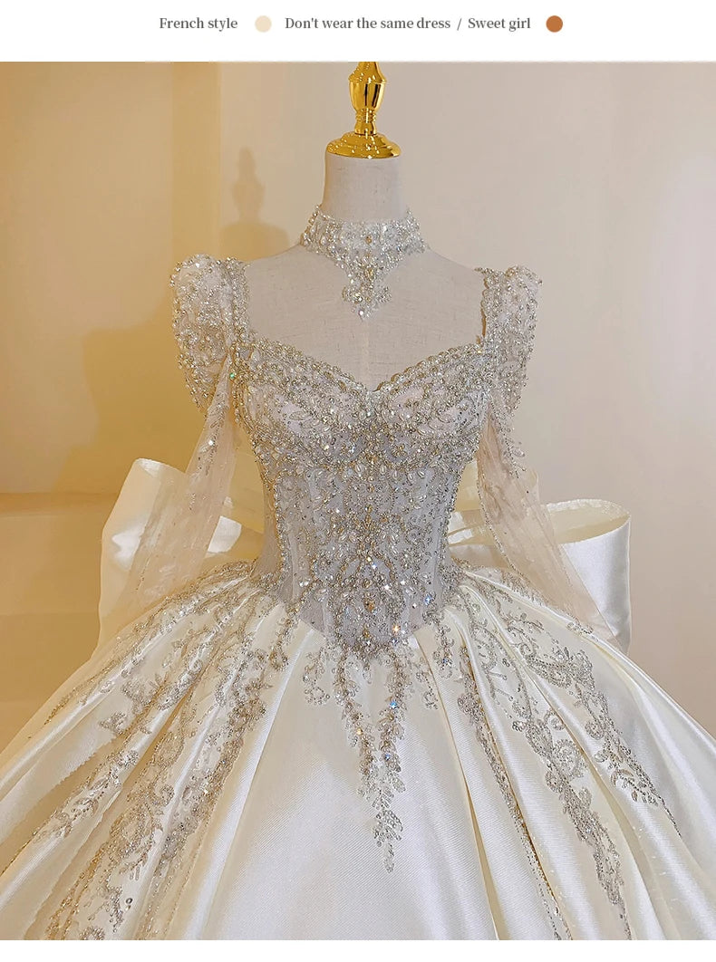 Square Collar Satin Plus Size Custom Lace Up Luxury Bridal Ball Gown Floor Or Train