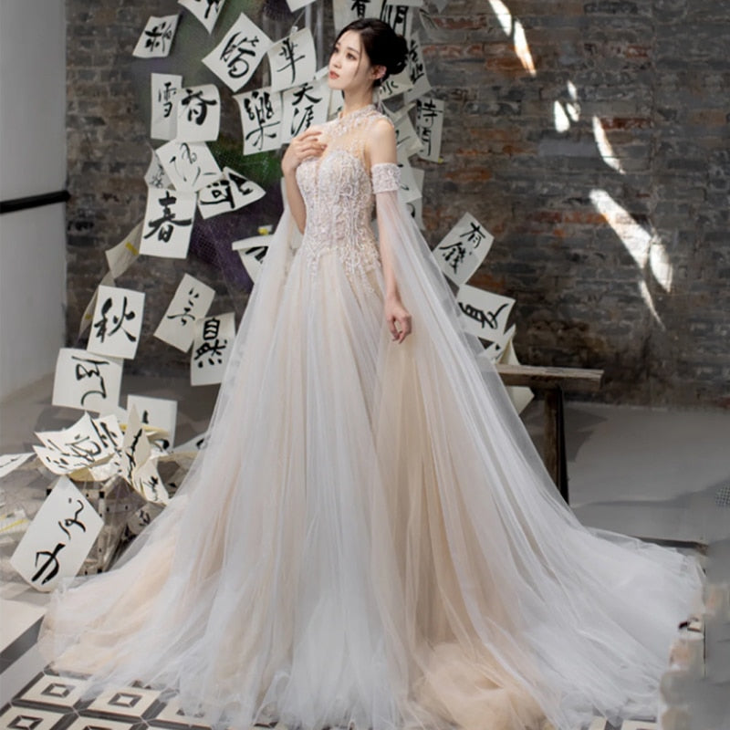 Wedding Dress French Style With Detachable Cap Luxury Embroidery Zipper With Buttones