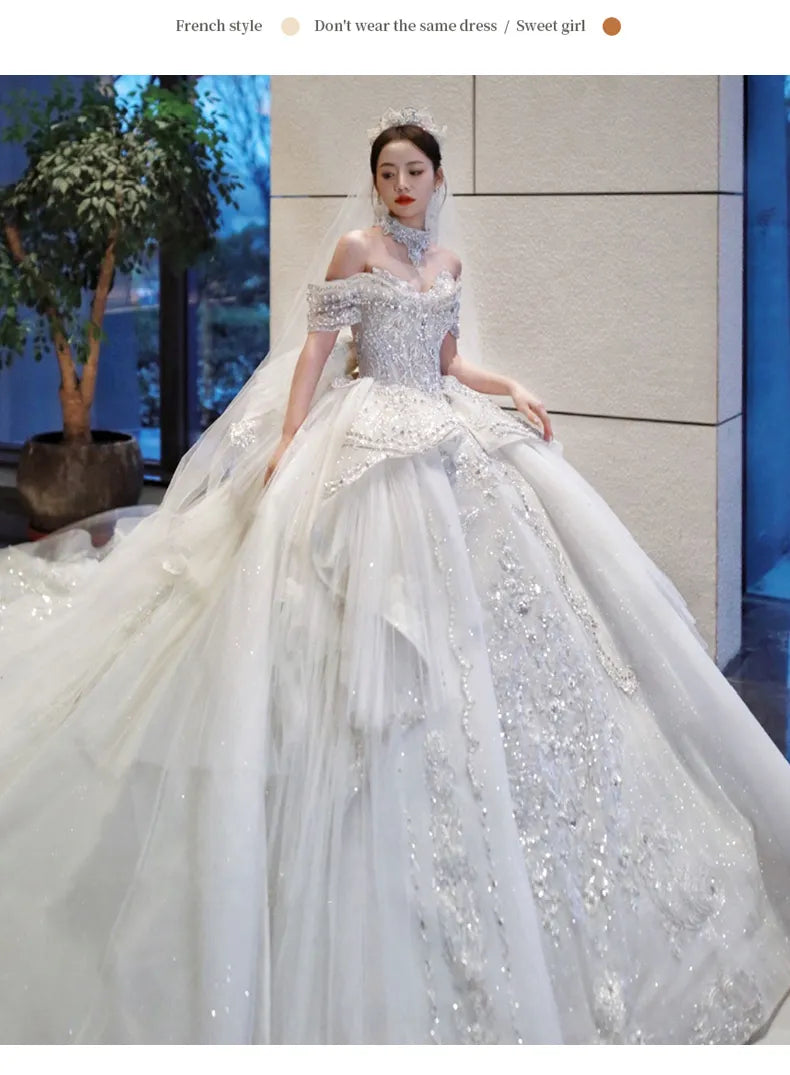 Luxury Wedding Dresses Witn Train Classic Boat Neck Wedding Ball Gown